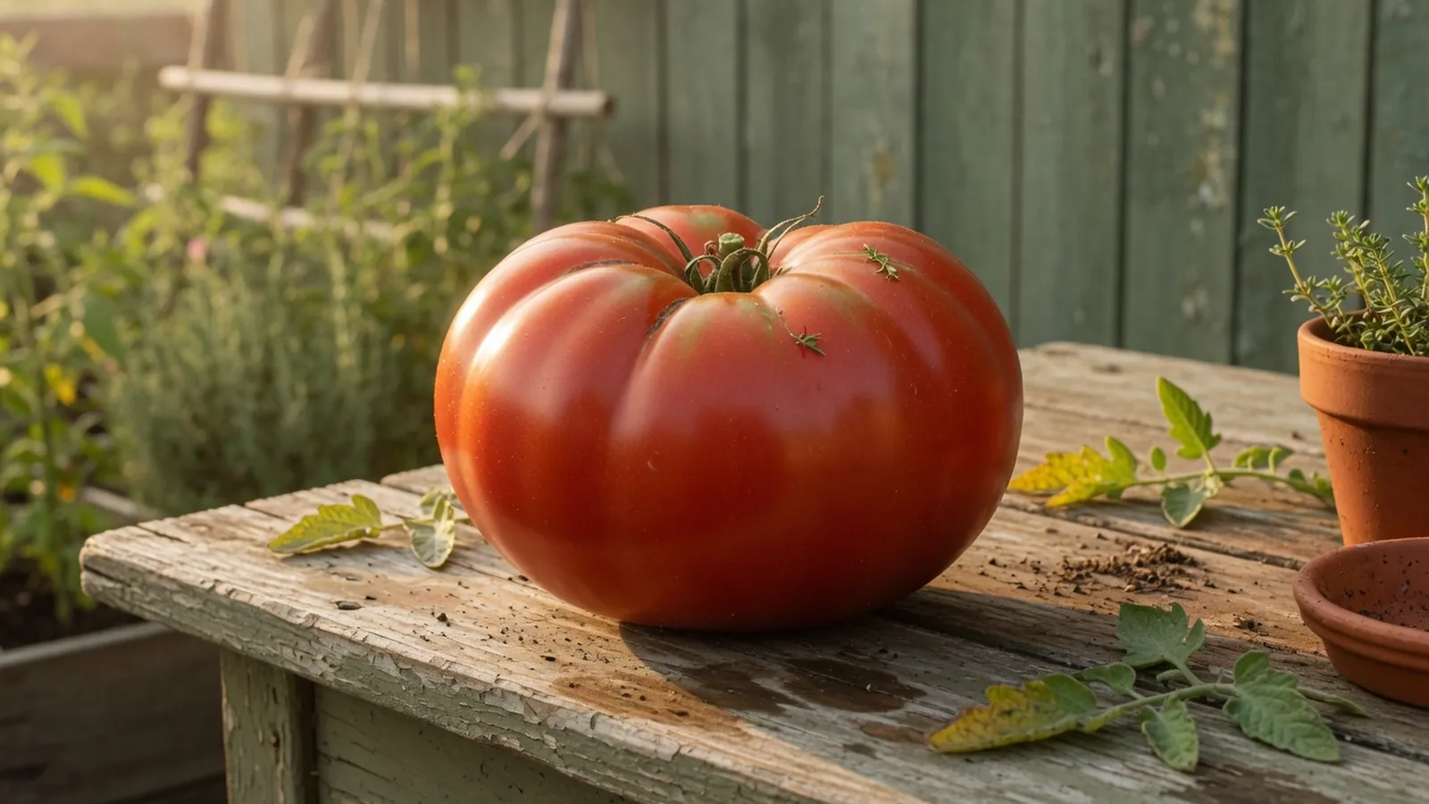 A close-up of a large, ripe beefsteak tomato on a garden table.