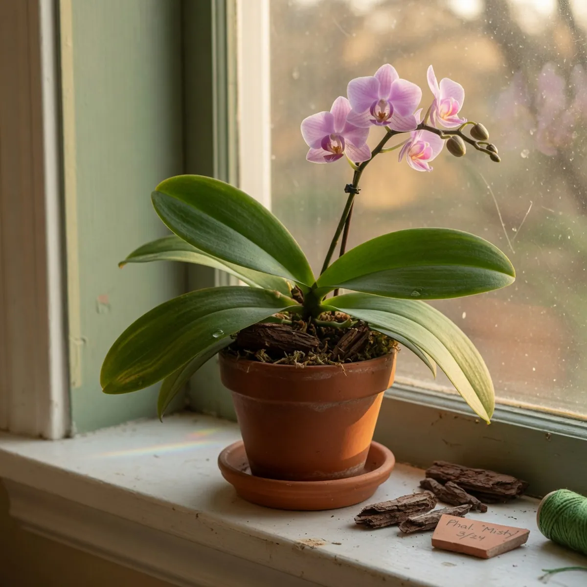 A potted orchid with visible bark growing medium and healthy green leaves sitting on a bright windowsill.