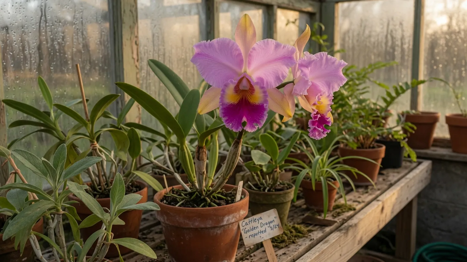 A vibrant blooming orchid with delicate petals and a striking central lip, surrounded by lush green foliage.