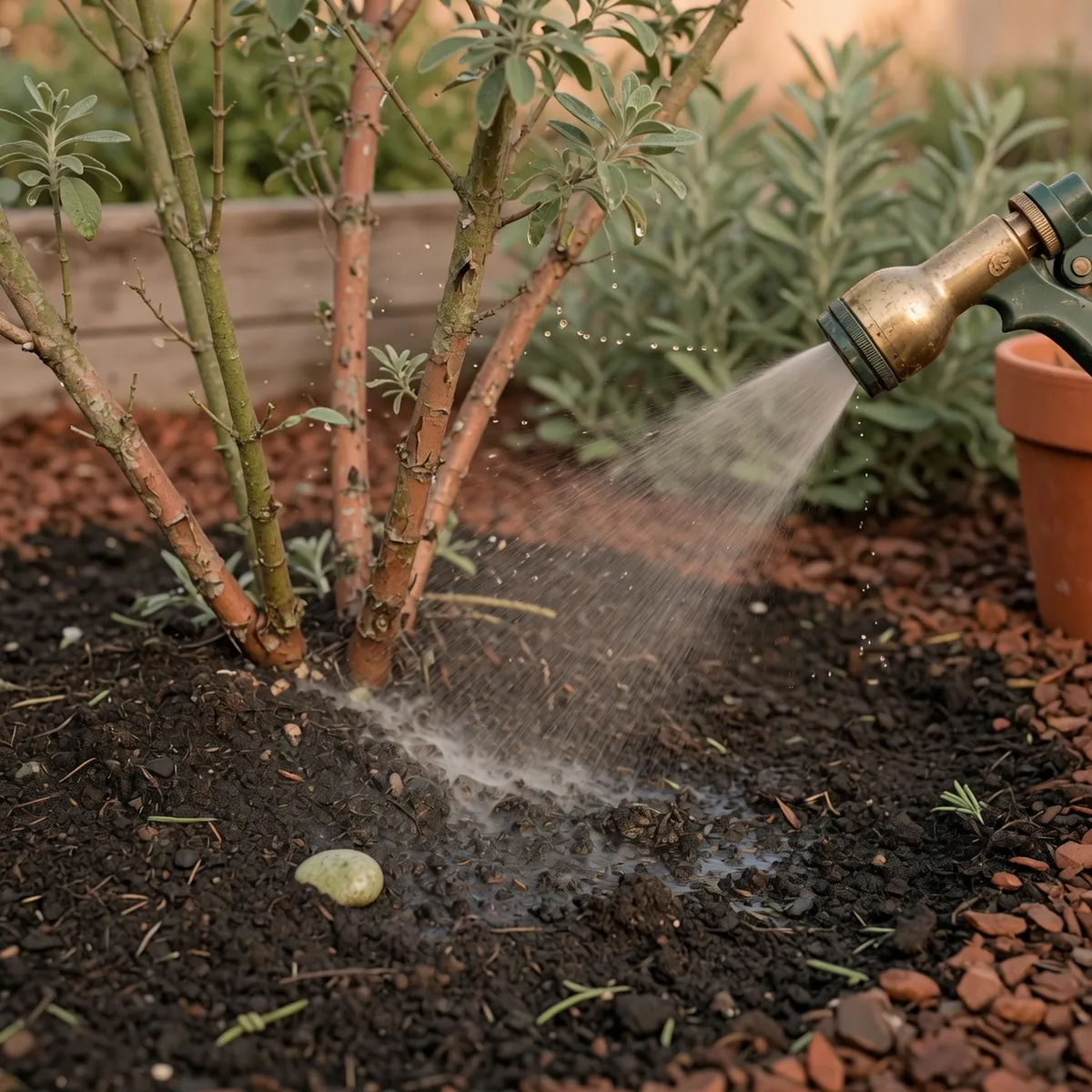 A garden hose spraying a fine mist over dark, damp soil near a shrub base.