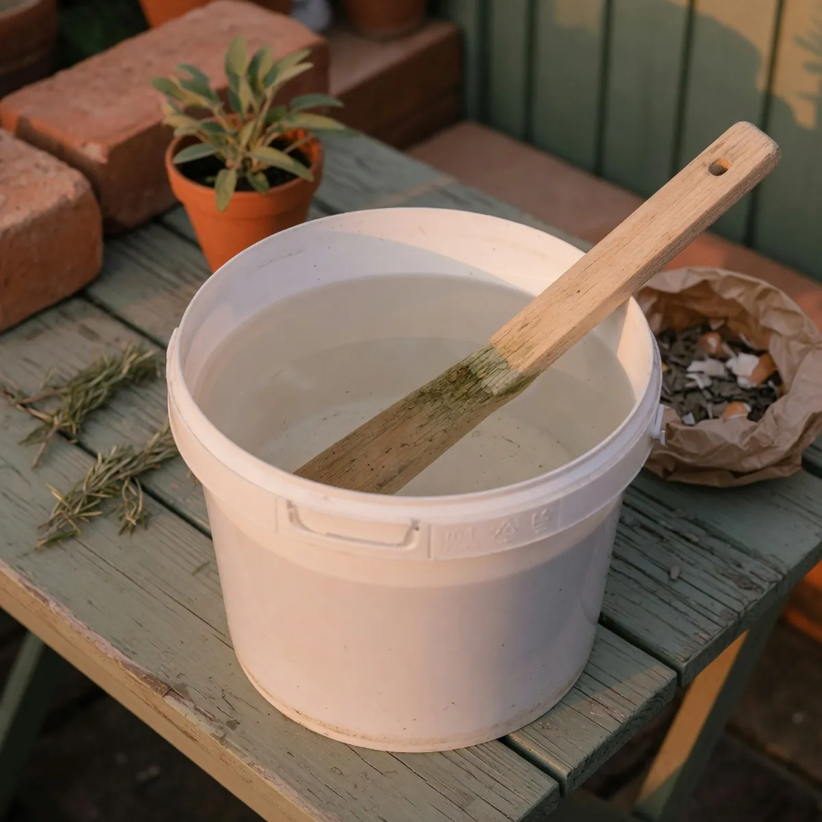A white plastic bucket filled with clear water and a wooden stirring stick resting inside.