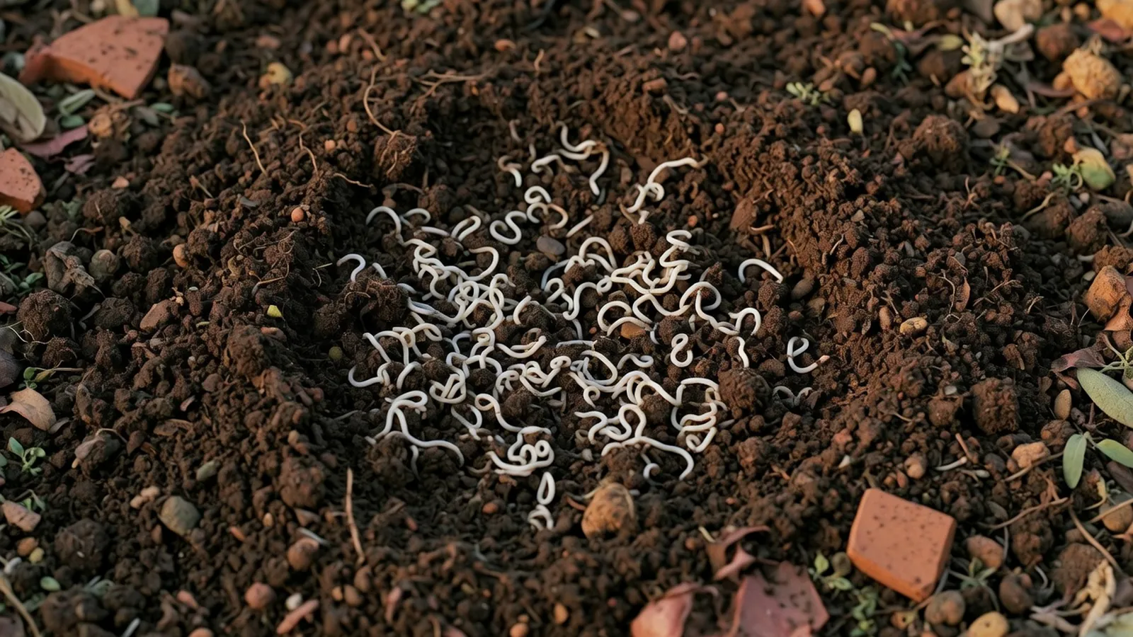 Rich, dark garden soil with small white roundworms visible on the surface.