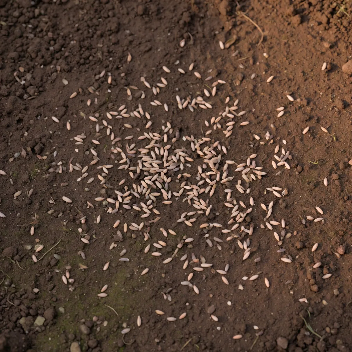 Fine grass seeds scattered evenly across dark, prepared garden soil ready for planting.