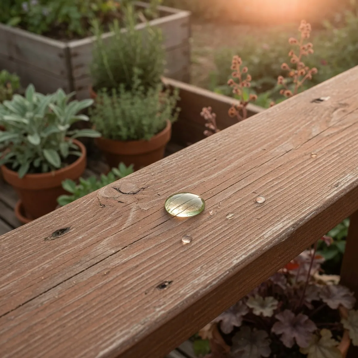 A wooden deck plank showing water beading on its sealed surface against a blurred garden background.