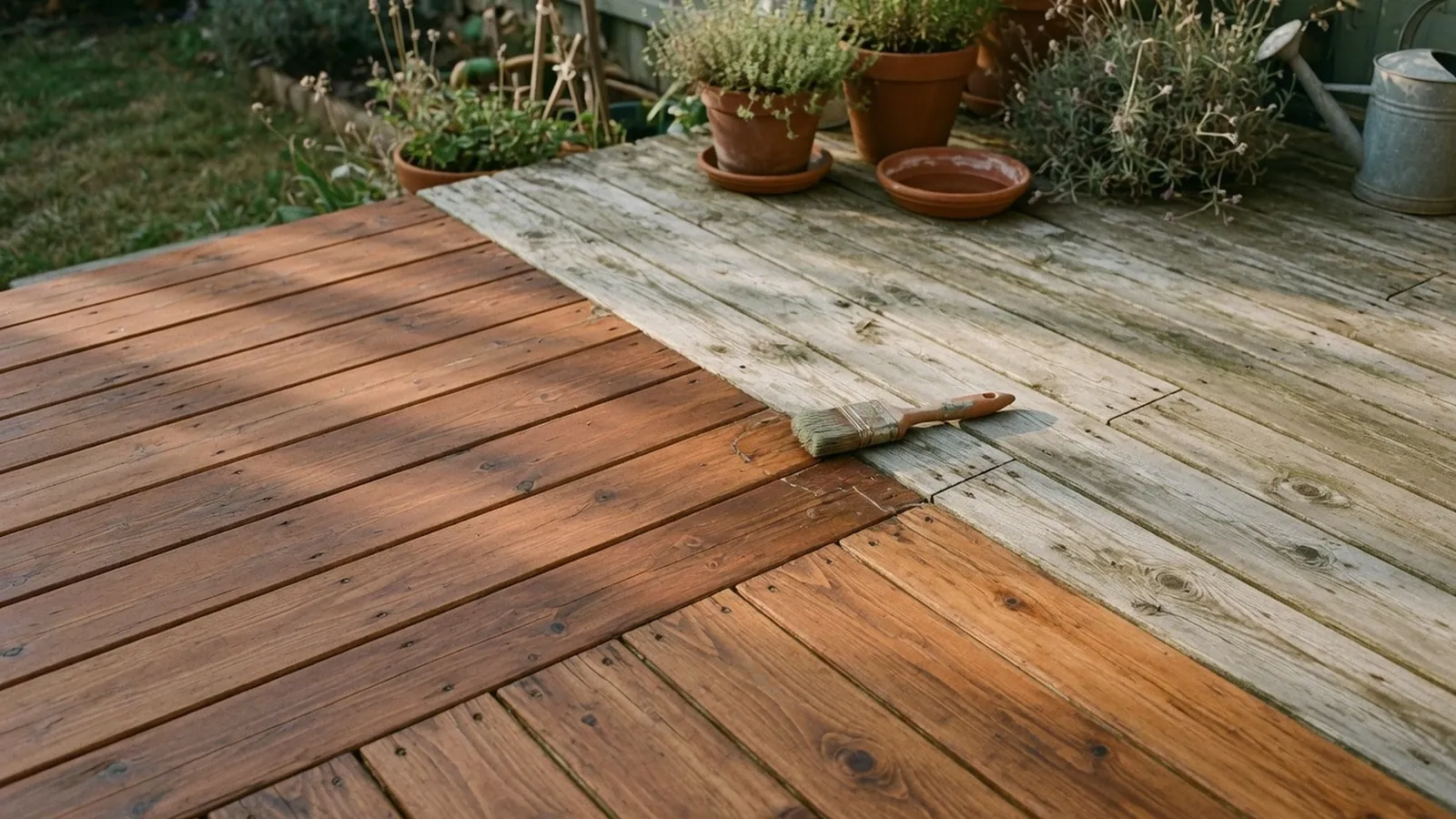 A wooden deck surface showing the contrast between sealed and unsealed planks under natural daylight.