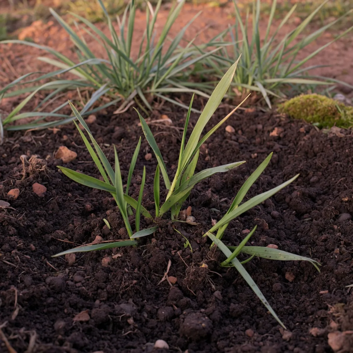 Healthy green grass blades emerging from dark, nutrient-rich soil under natural light.