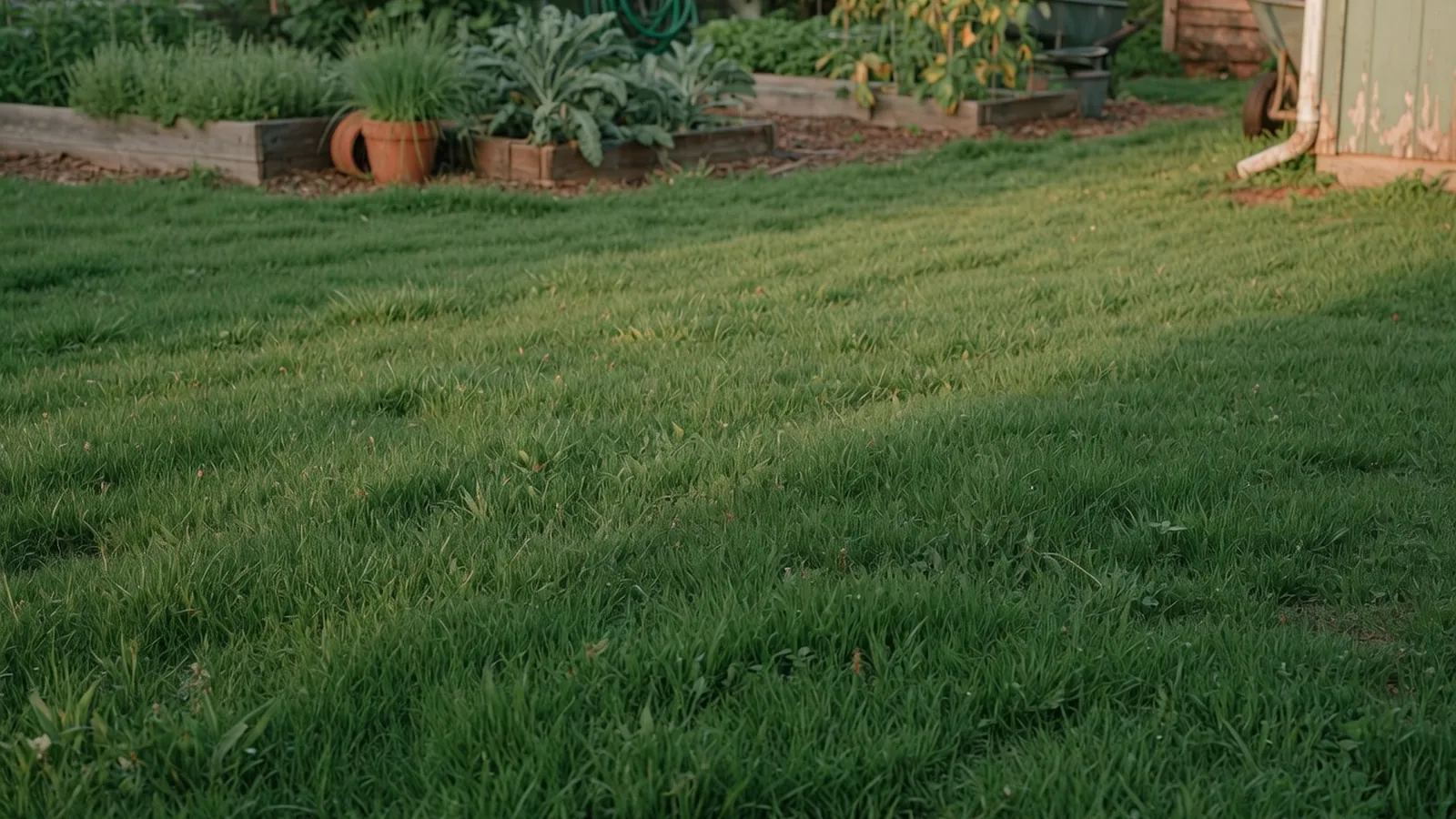 A dense, emerald green lawn stretching toward a blurred garden edge under soft morning light.