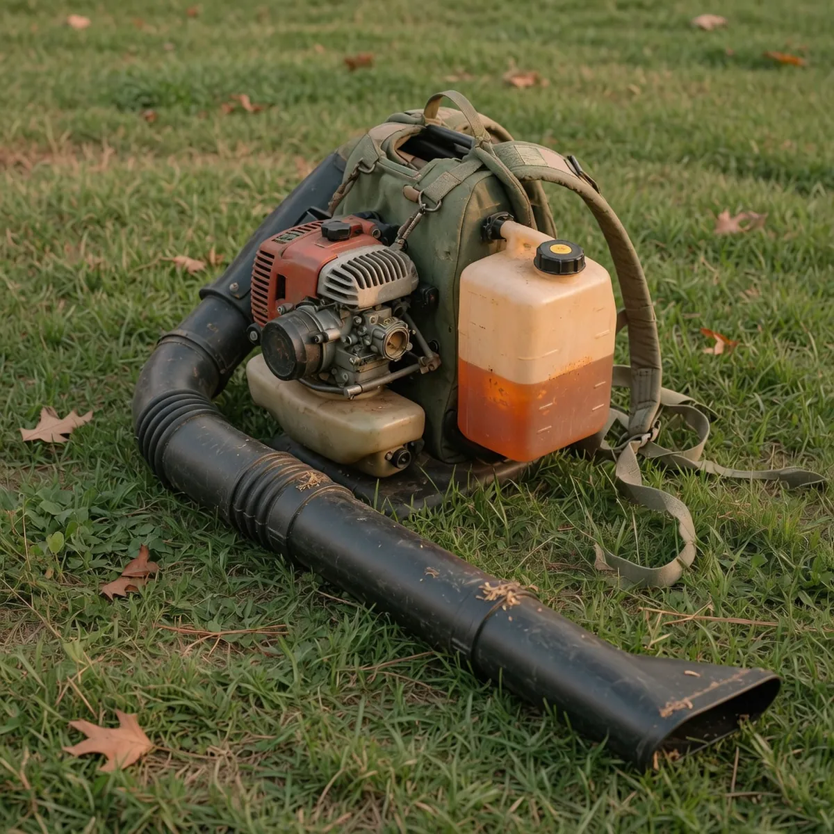 A backpack-style gas leaf blower with visible engine components and a translucent fuel tank rests on green grass.