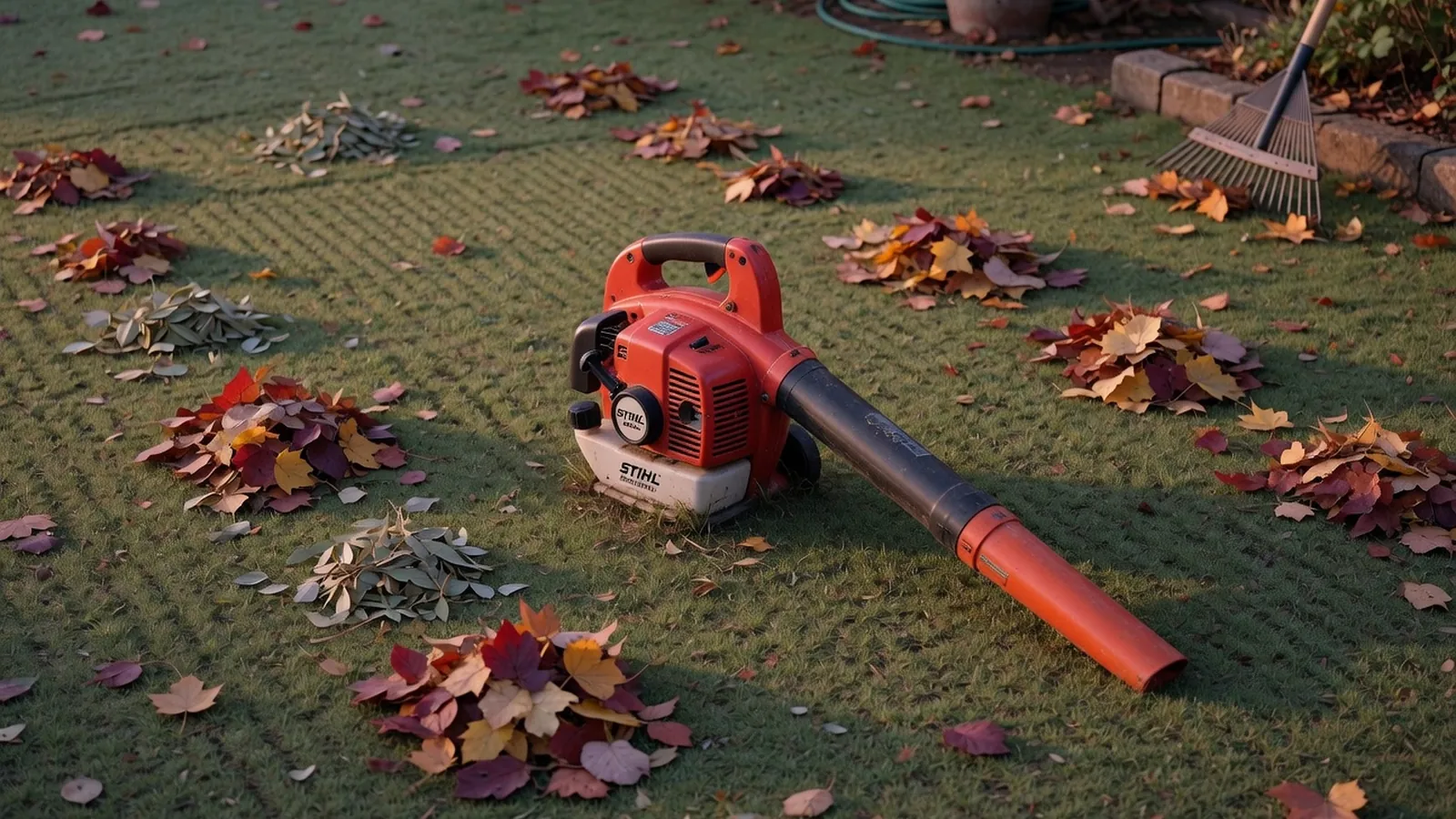 A red gas leaf blower rests on a neatly raked lawn surrounded by scattered autumn leaves.
