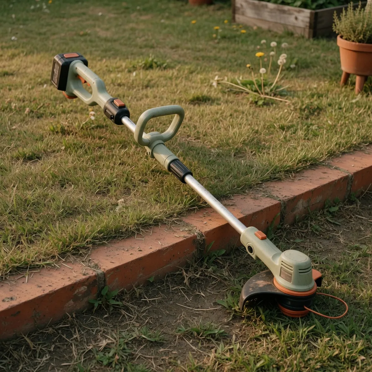 A cordless string trimmer rests on a grassy lawn edge, showing the telescoping shaft and plastic handles.