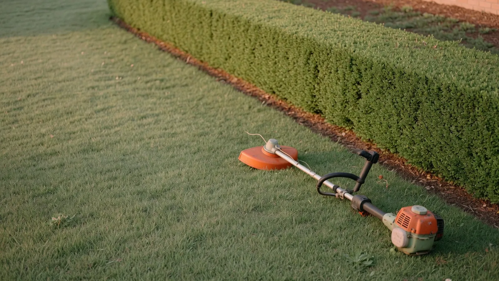 A well-maintained suburban lawn is bordered by a neatly trimmed hedge, with a string trimmer resting on the grass nearby.