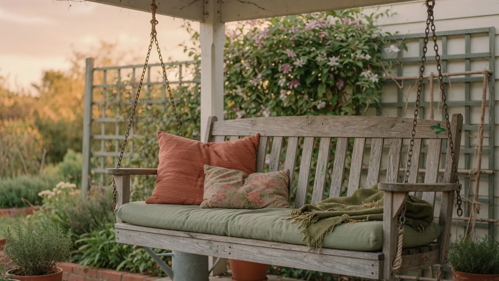 A classic wooden porch swing hanging from a porch ceiling with soft cushions against a blurred garden backdrop.