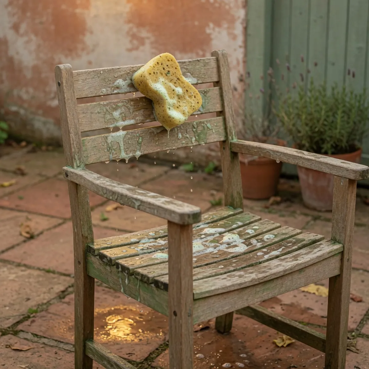 A wooden garden chair is being gently wiped with a soapy sponge.