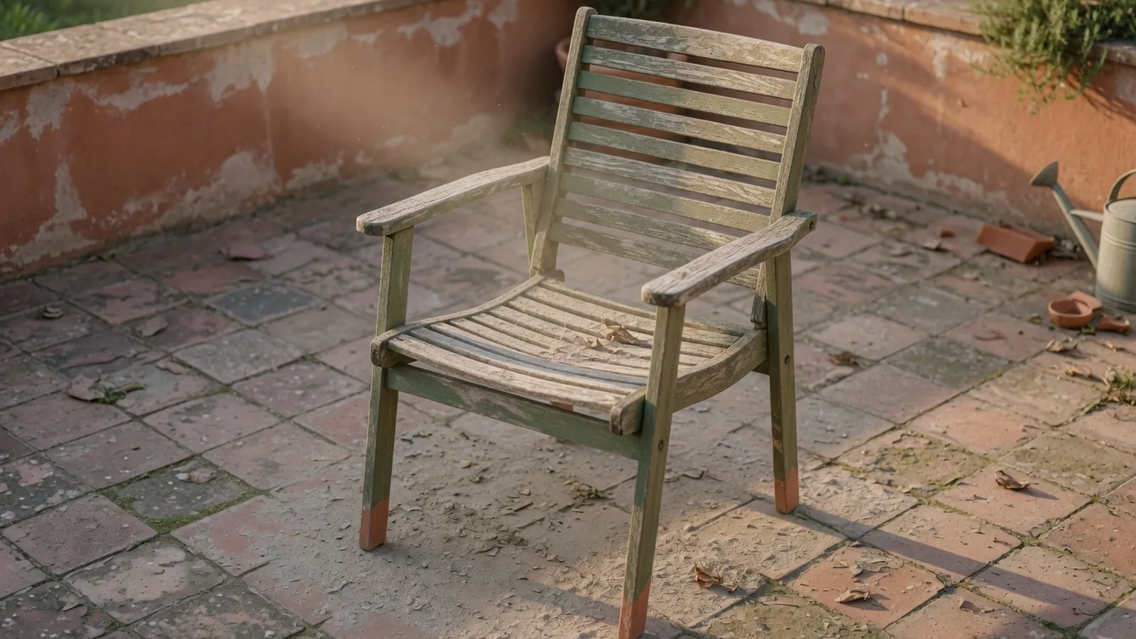 A weathered wooden patio chair sits on a paved terrace ready for cleaning.