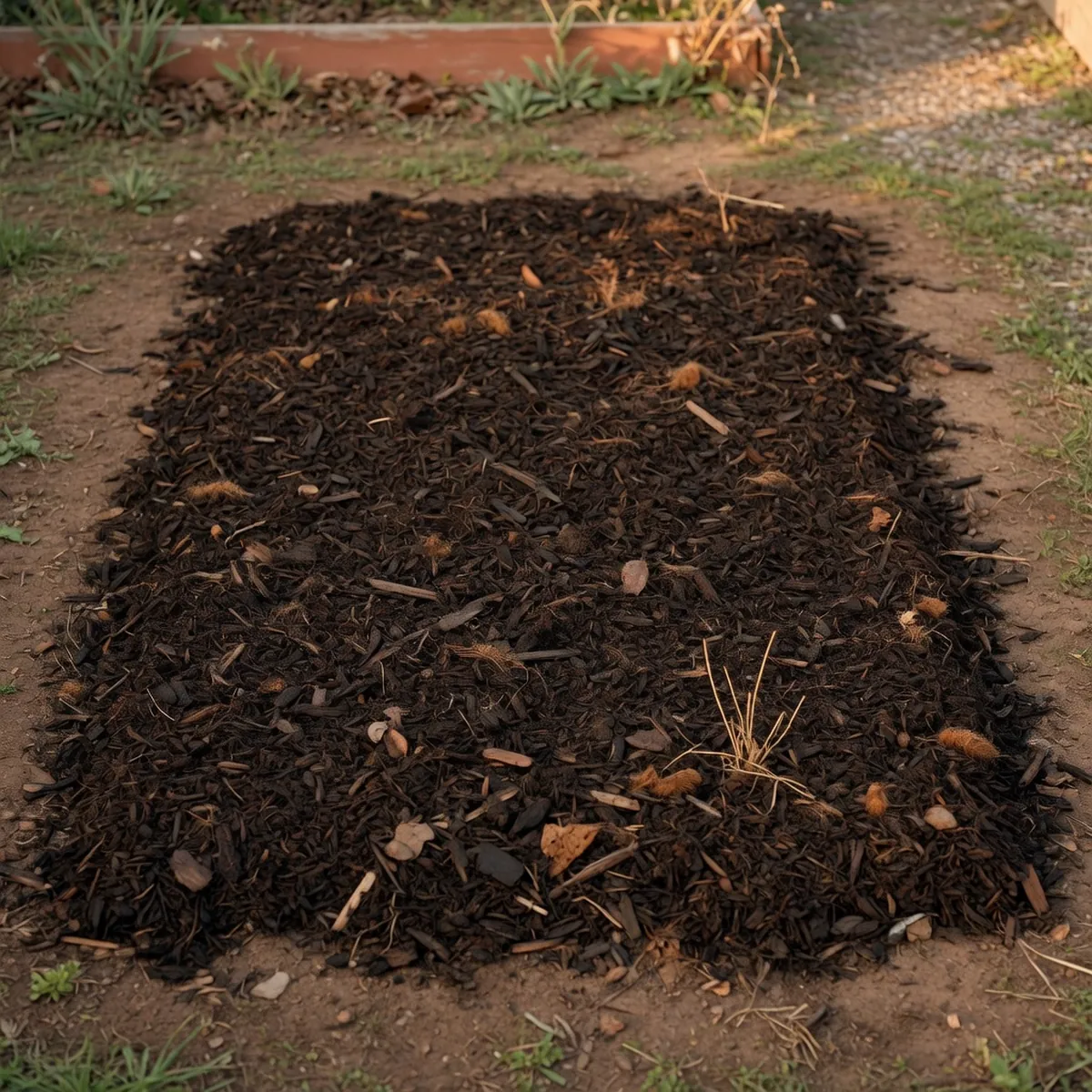 A thick layer of dark organic mulch completely covering a patch of soil where weeds previously grew.