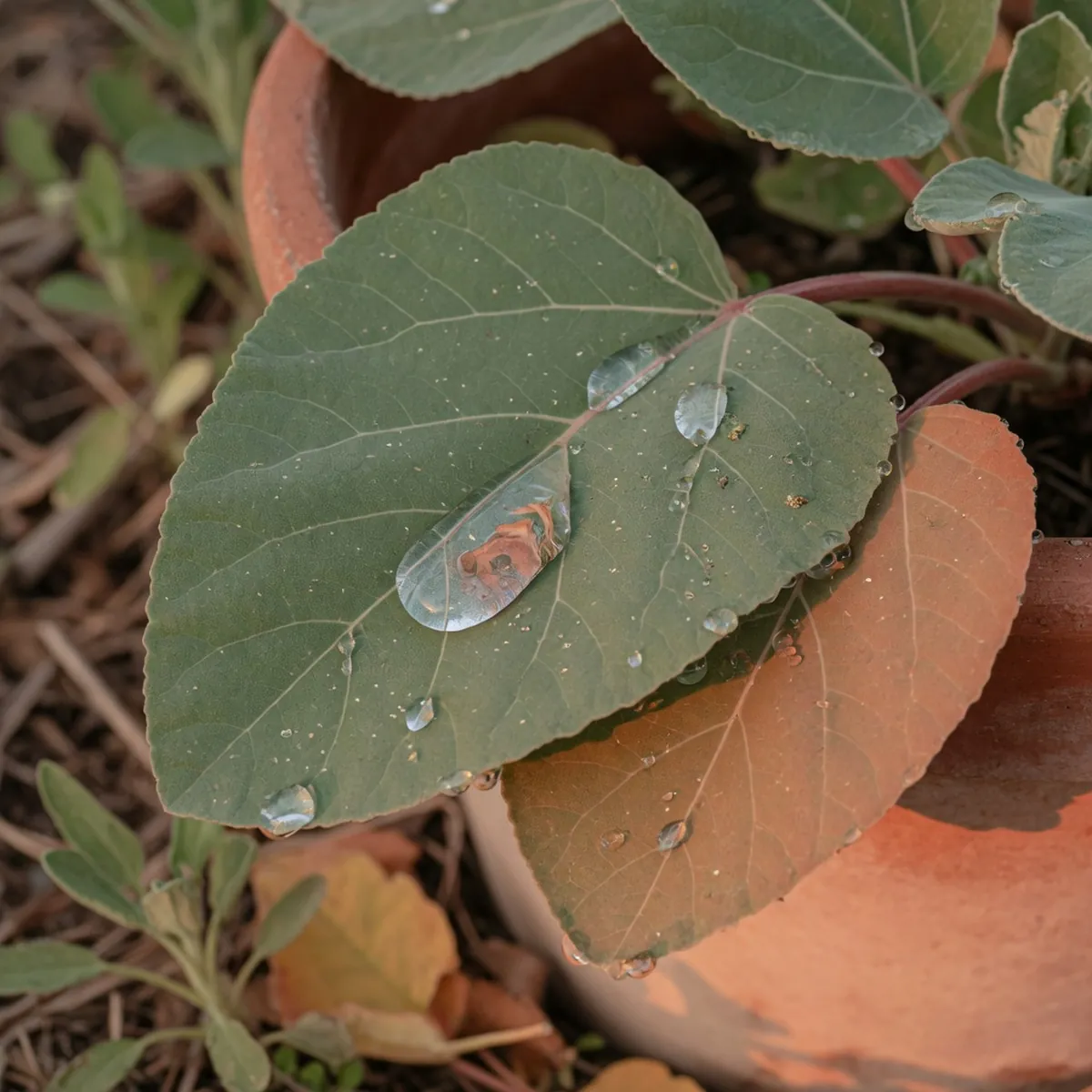 A close-up view of broadleaf plant foliage with visible droplets of clear liquid resting on the surface.