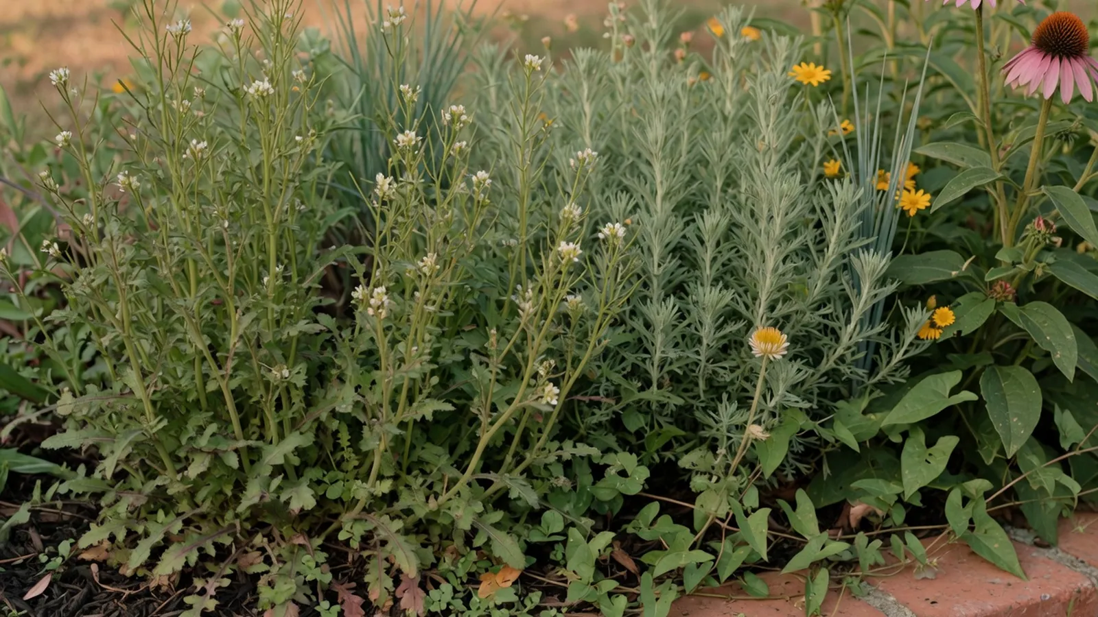 A dense patch of aggressive non-native weeds overtaking a garden bed alongside healthy native perennials.