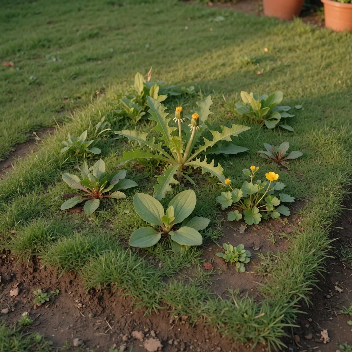 A patch of green lawn with a few broad-leaved weeds emerging from the soil.