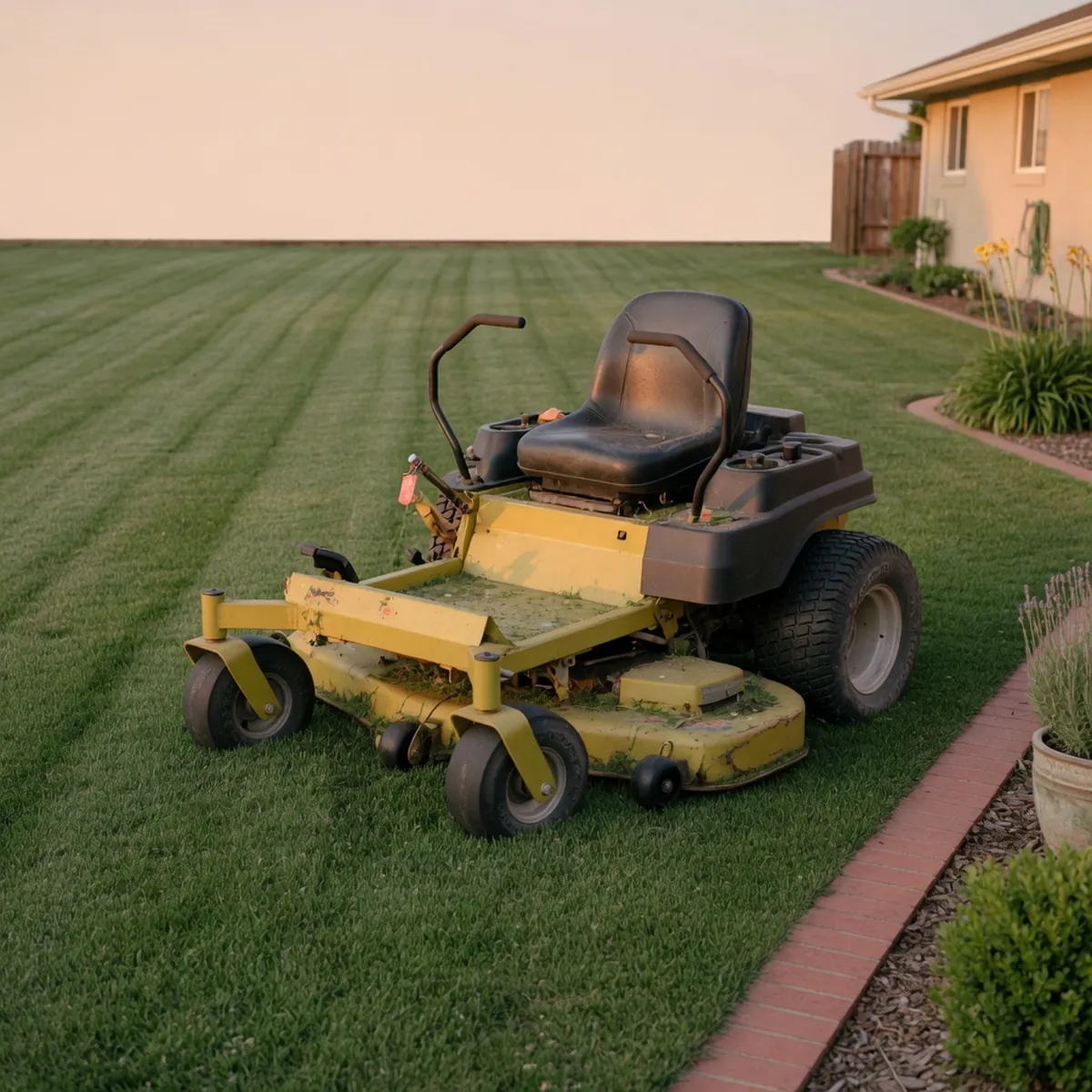 A zero-turn riding lawn mower with large rear tires and small front casters parked on a green lawn.