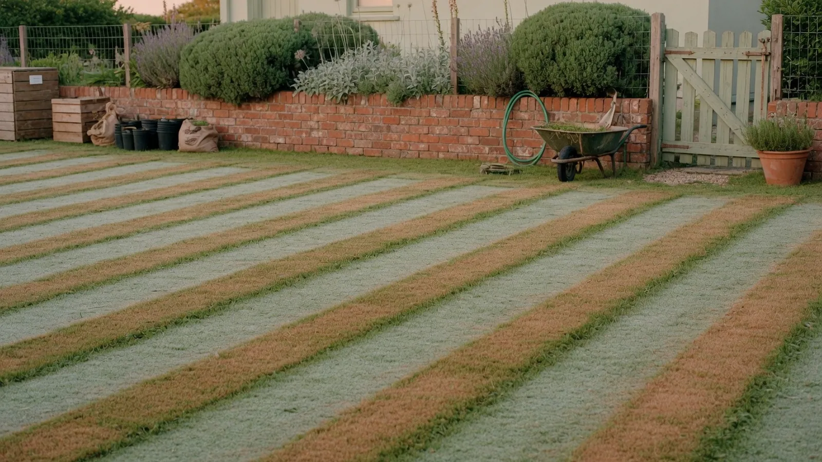 A neatly striped lawn showing the results of efficient mowing in a quiet suburban garden.