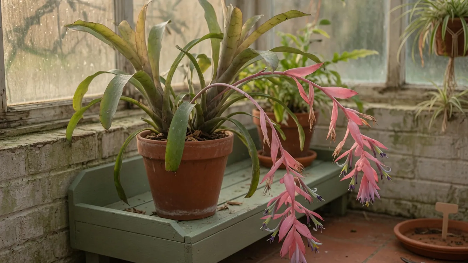 A Billbergia nutans plant displaying its distinctive hanging flower stems with pink bracts and green-blue florets among olive-green foliage.