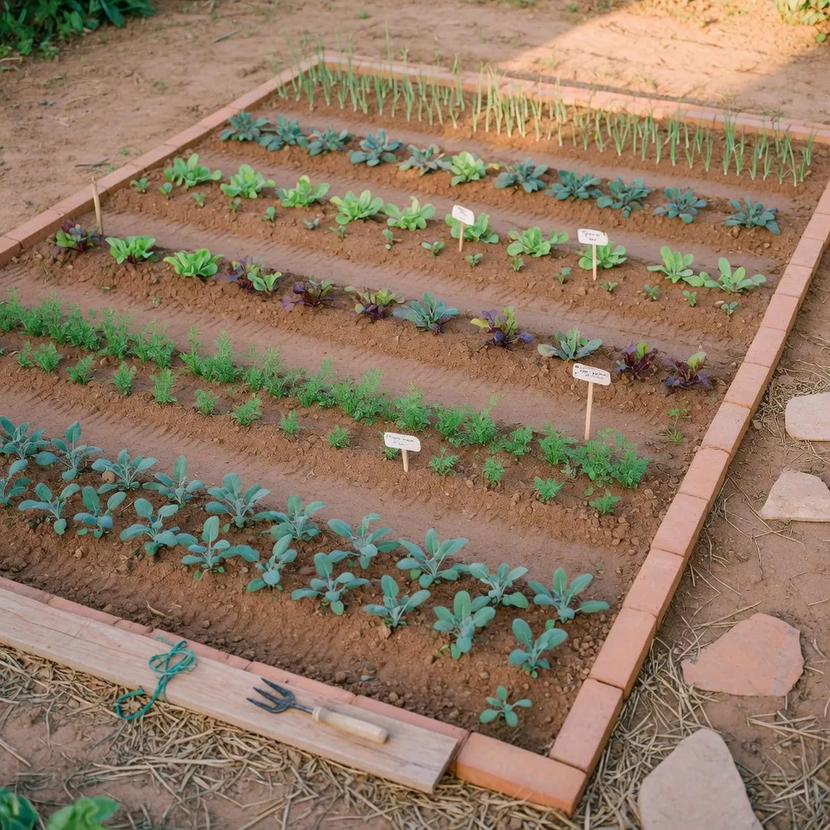 A rectangular garden plot with rows of young plants arranged for maximum sunlight exposure.
