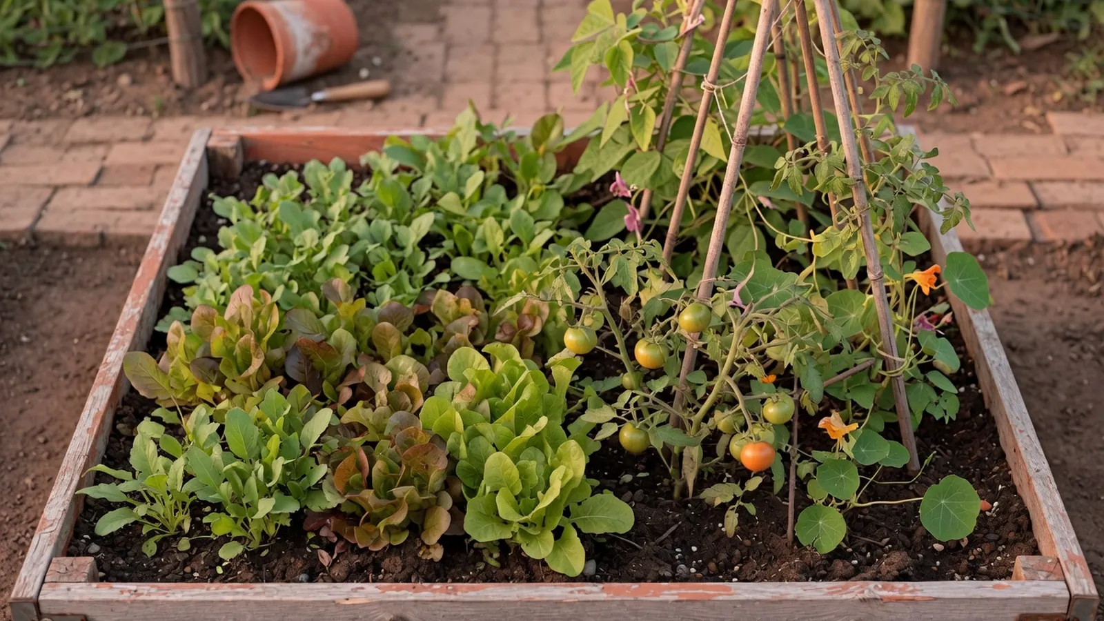 A raised garden bed densely planted with young vegetables and leafy greens.