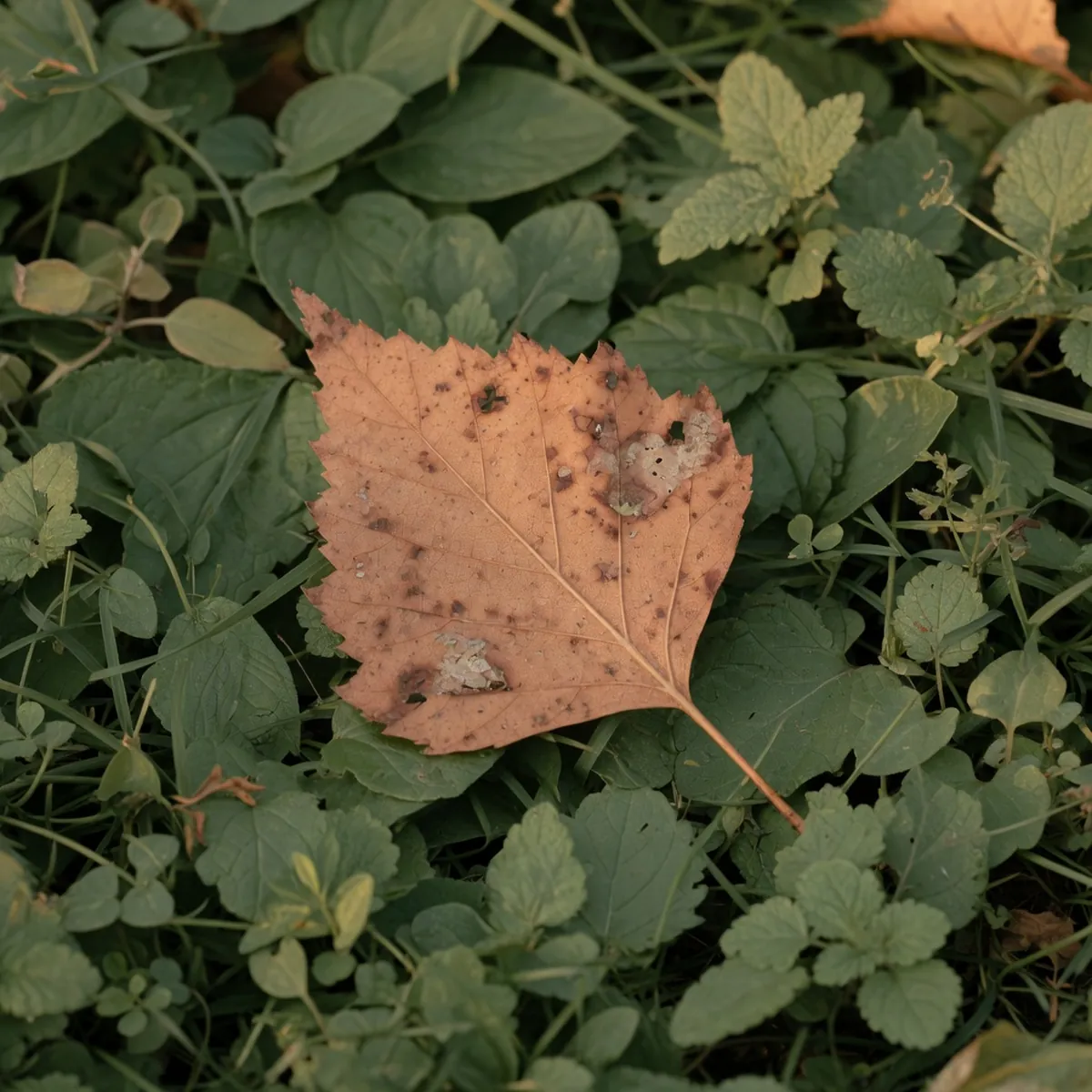 A close-up view of a birch leaf displaying brown spots with irregular margins.