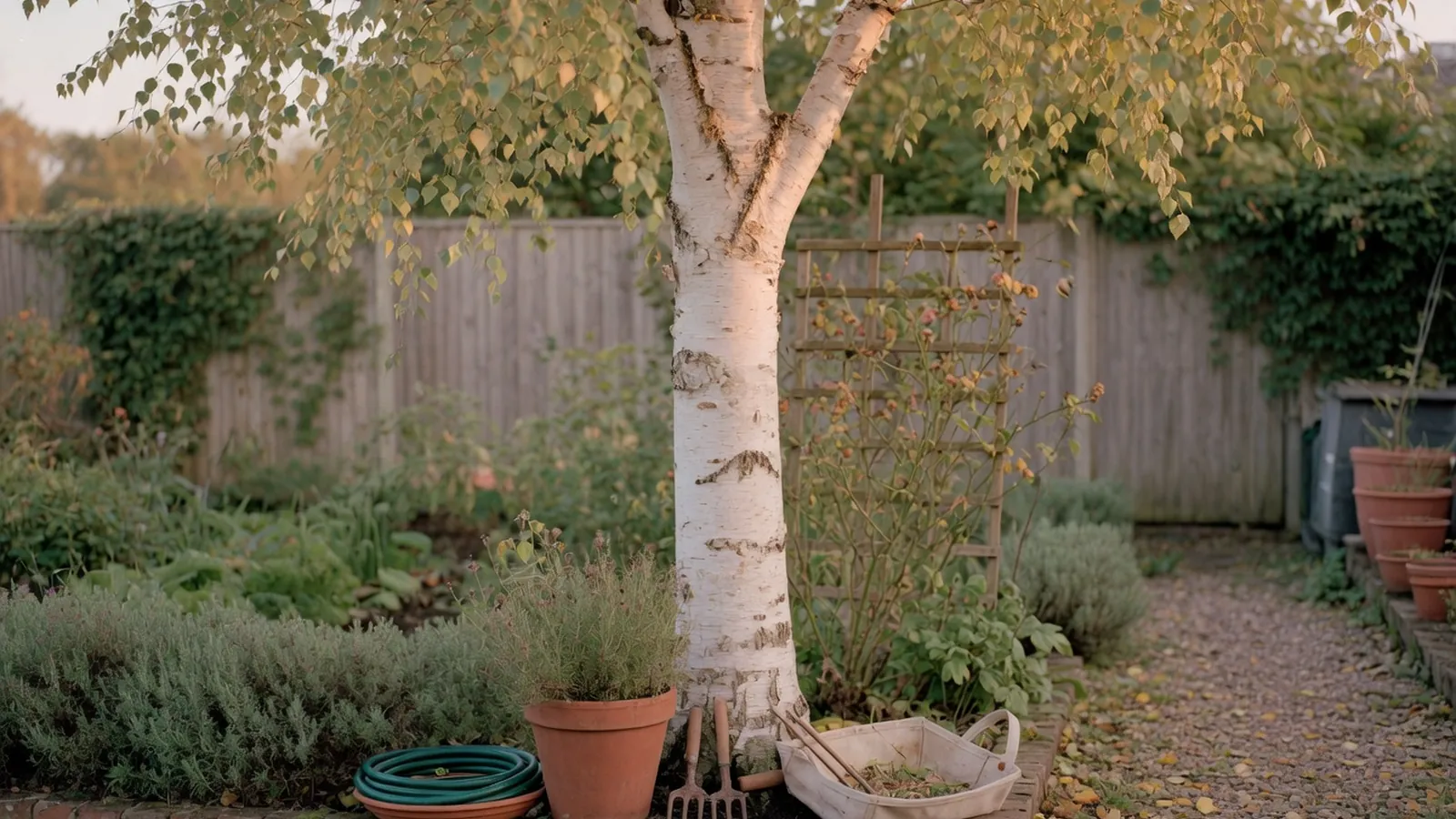 A mature birch tree with distinctive white bark stands in a quiet garden landscape.