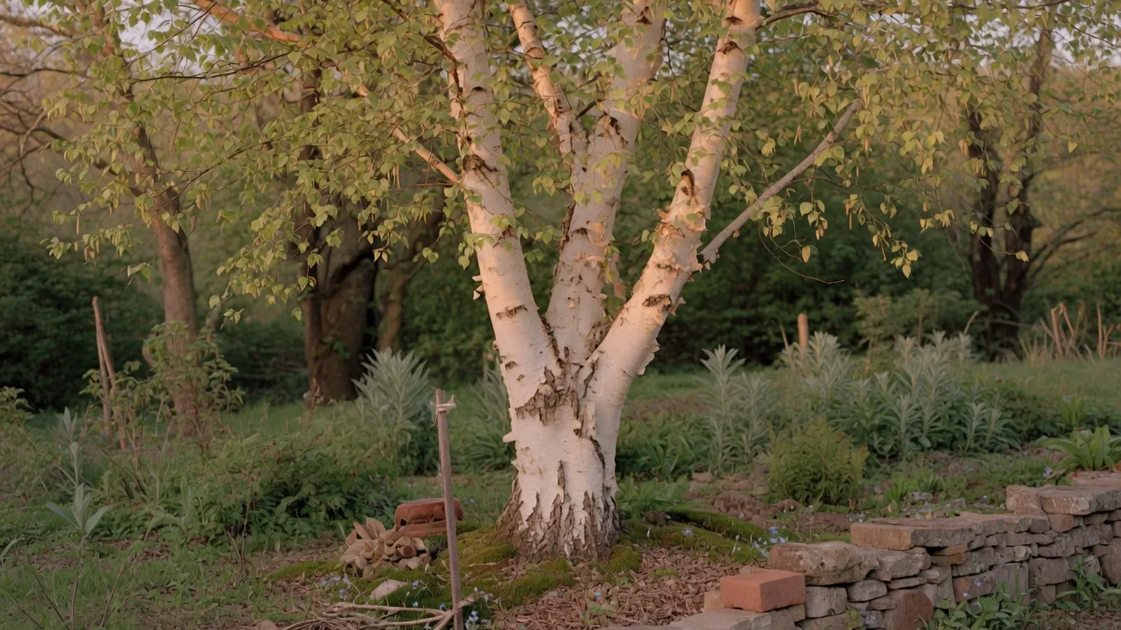 A mature birch tree with distinctive white bark and delicate green foliage standing in a temperate woodland setting.