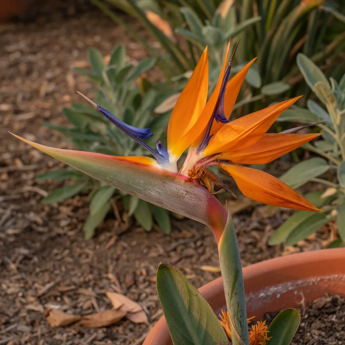 A close-up of a Strelitzia reginae bloom displaying its distinctive orange sepals and blue petals against green foliage.