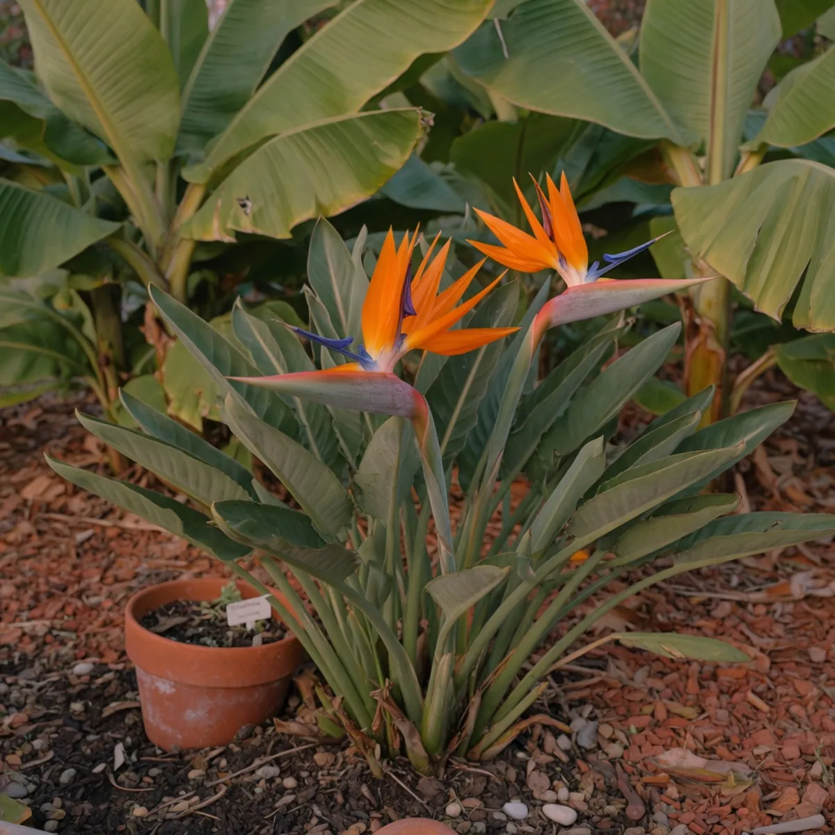 A vibrant bird of paradise plant with orange and blue petals growing in a sunny garden bed.