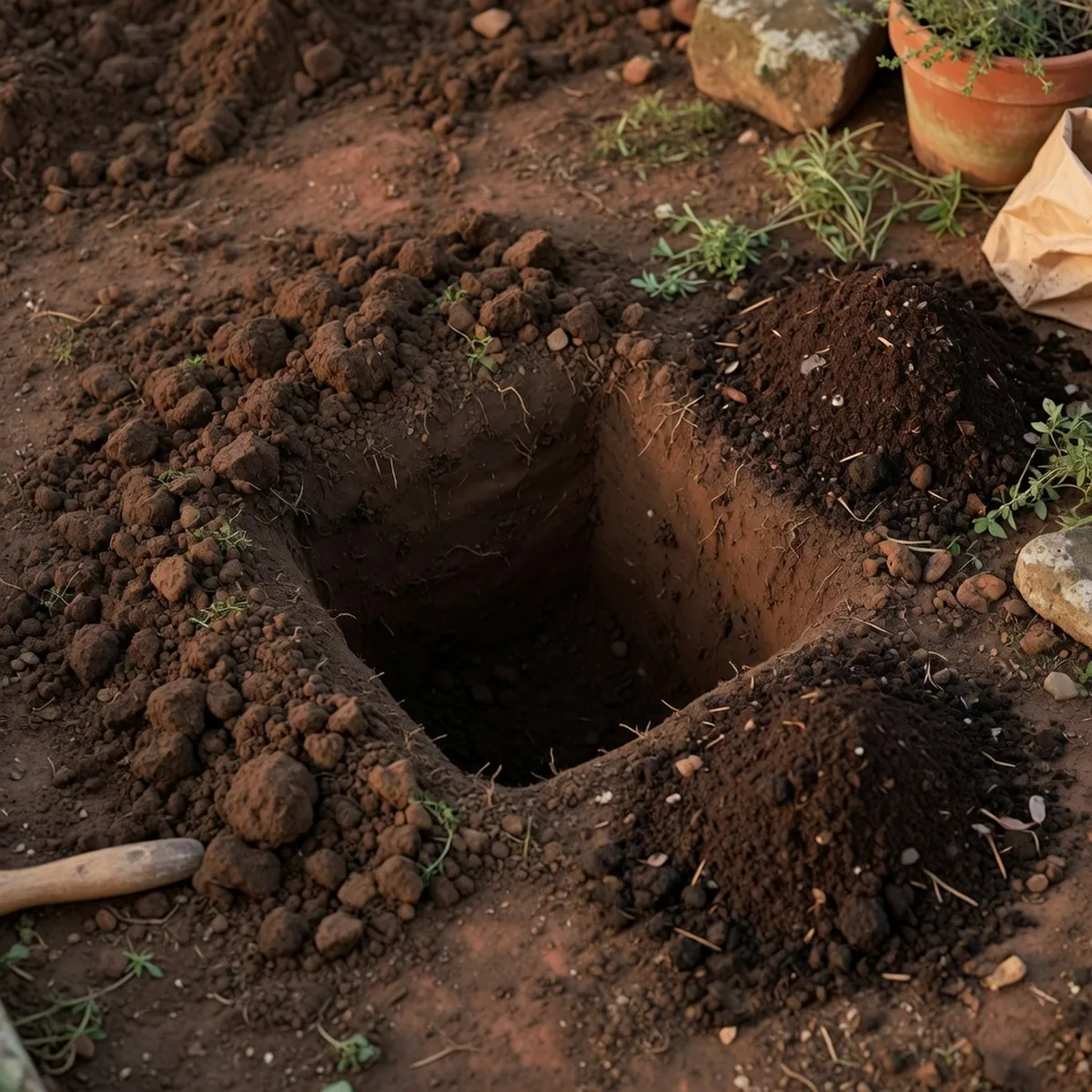 A prepared planting hole in dark soil ready for a black currant shrub.