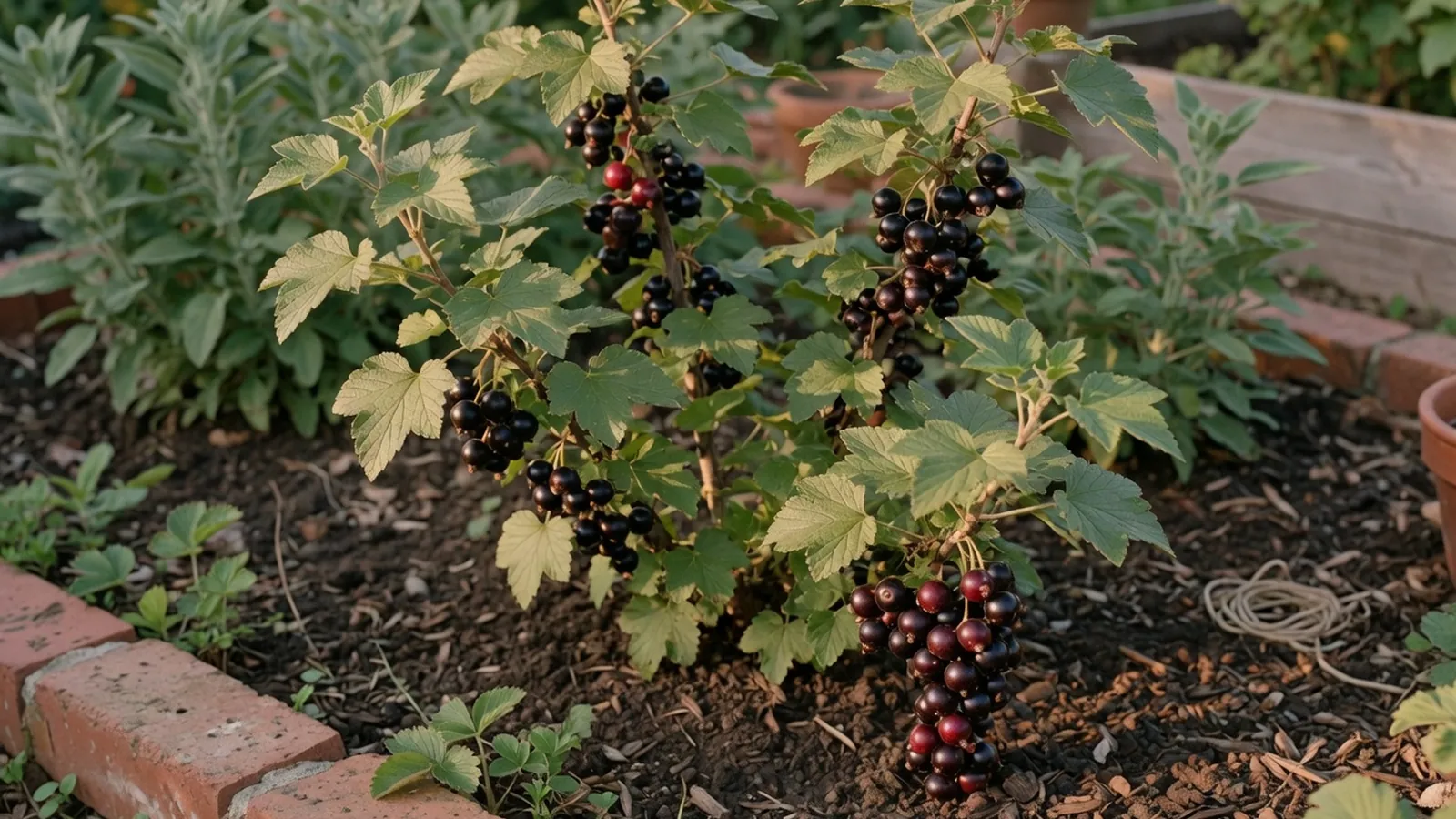 A mature black currant shrub bearing clusters of dark purple berries in a garden.