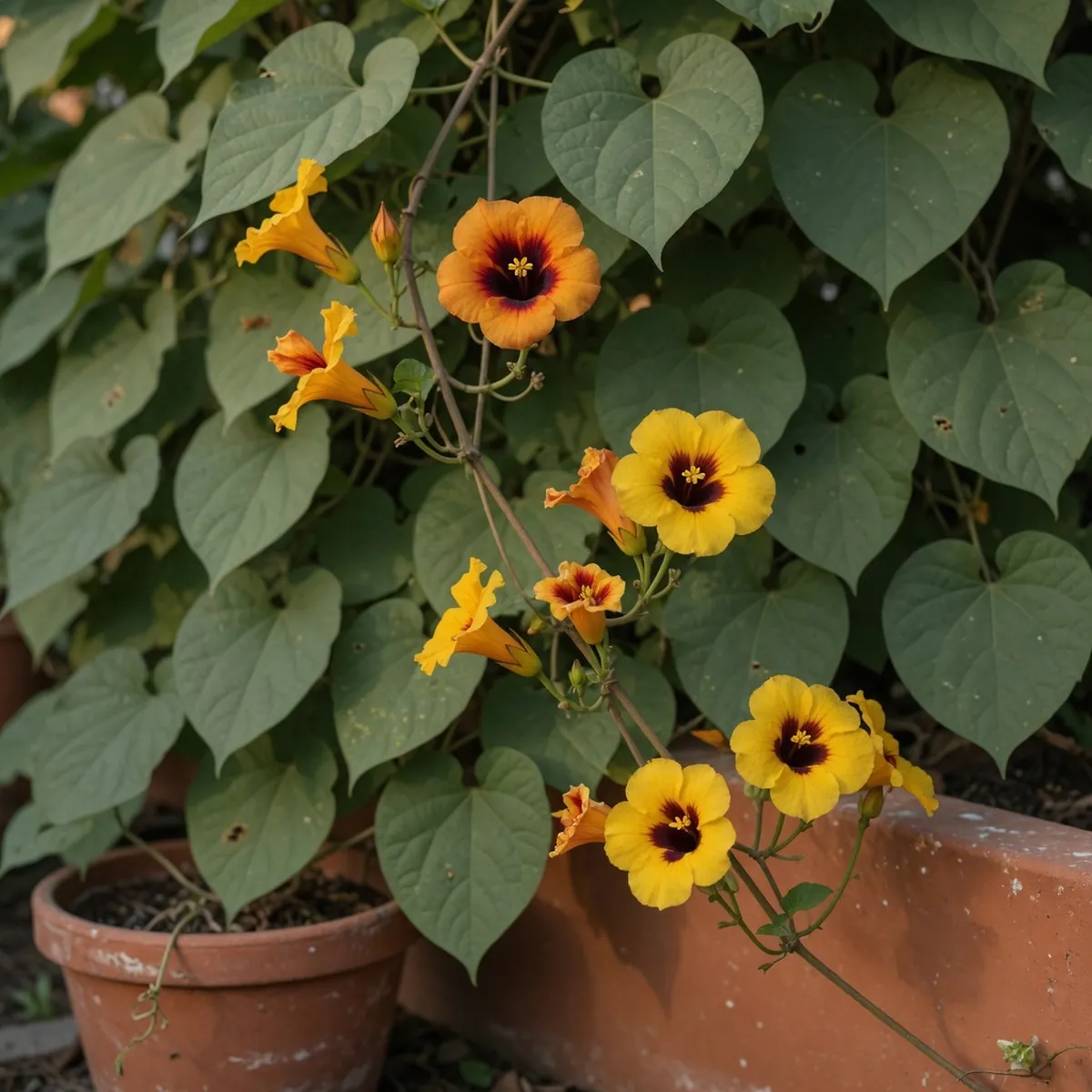 A cluster of bright yellow and orange flowers with dark centers blooming on a climbing vine.