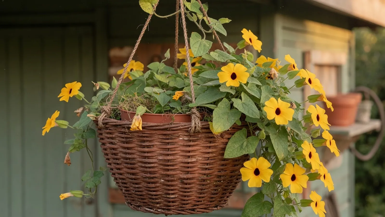 A lush Black-eyed Susan vine cascading from a hanging basket with vibrant blooms.