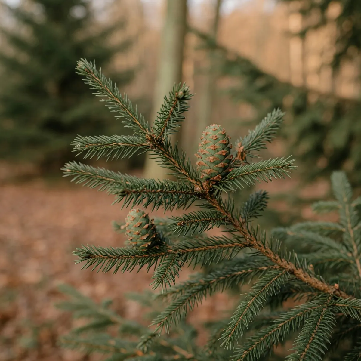Dark green spruce needles and small cones cover a compact branch against a blurred background.