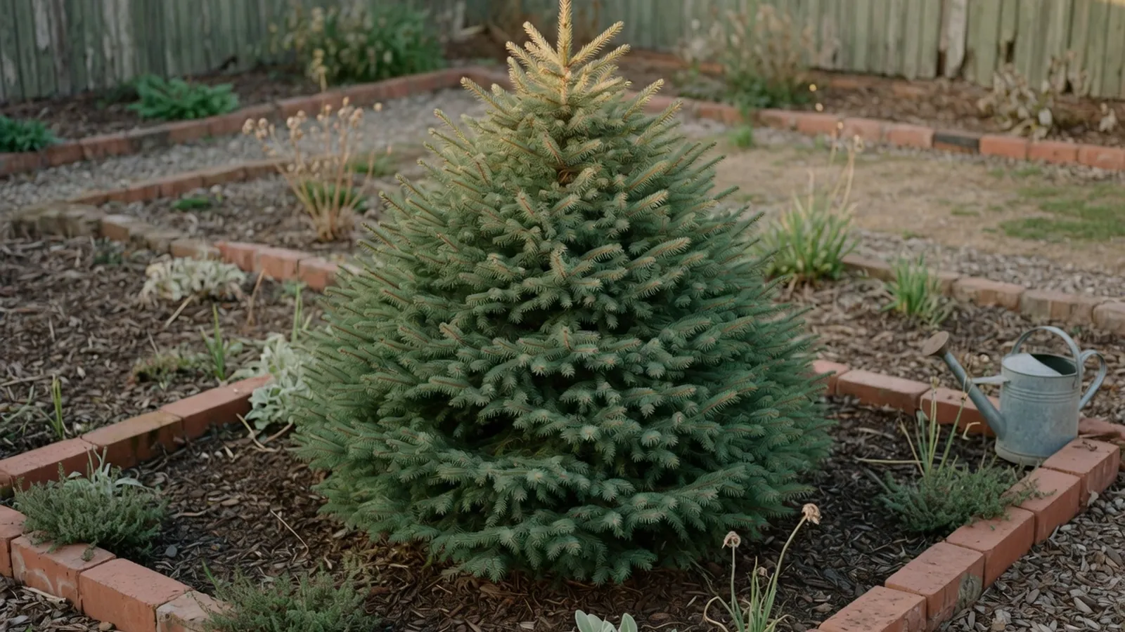 A young Black Hills spruce tree displays a dense, pyramid-shaped canopy in a quiet garden setting.