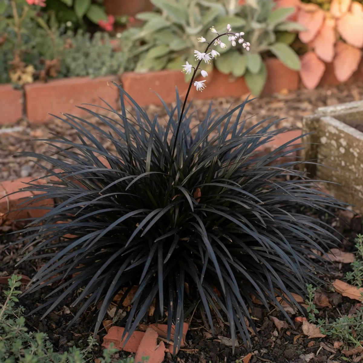 A clump of black mondo grass with glossy dark leaves and a small whitish flower spike.
