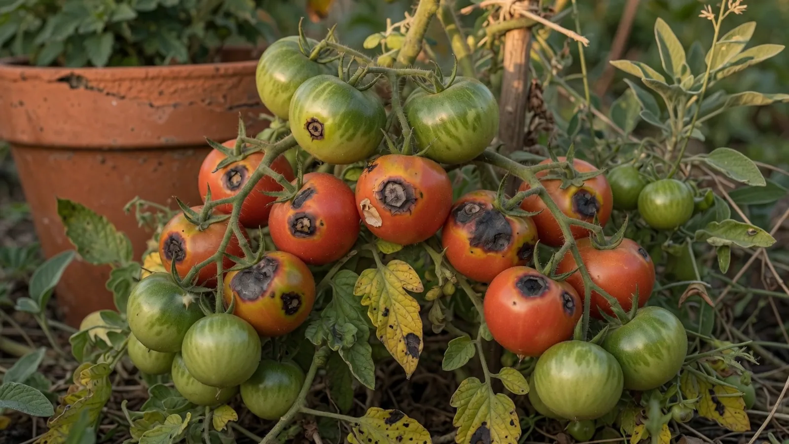 A cluster of green and ripening red tomatoes on the vine showing distinct dark brown and black lesions on the fruit and leaves.