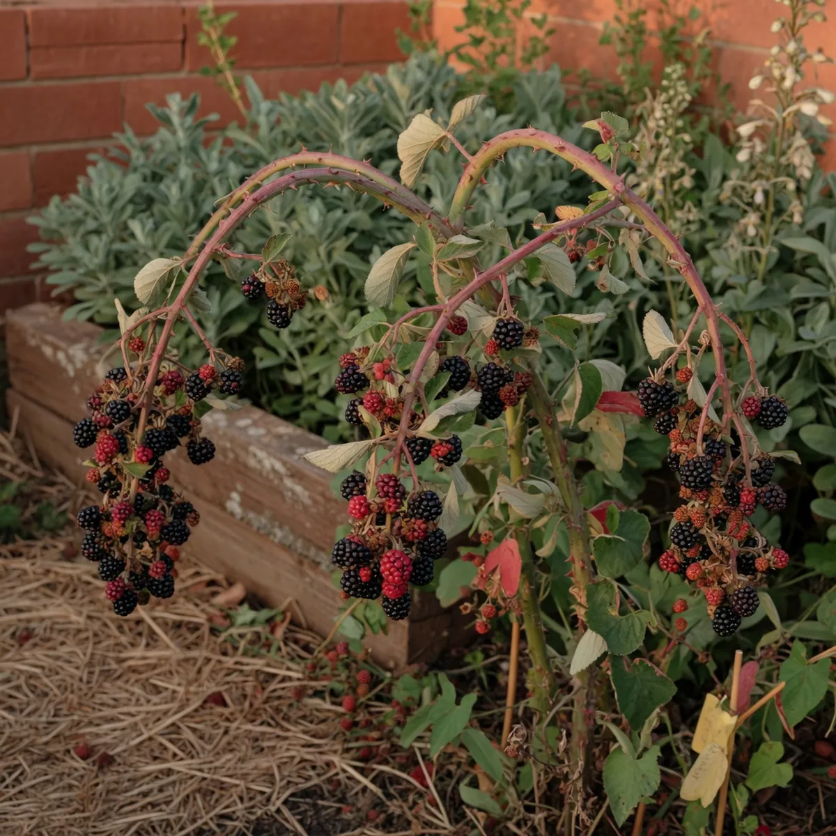 A sturdy blackberry bush heavy with clusters of dark, ripe berries hanging from arching canes.