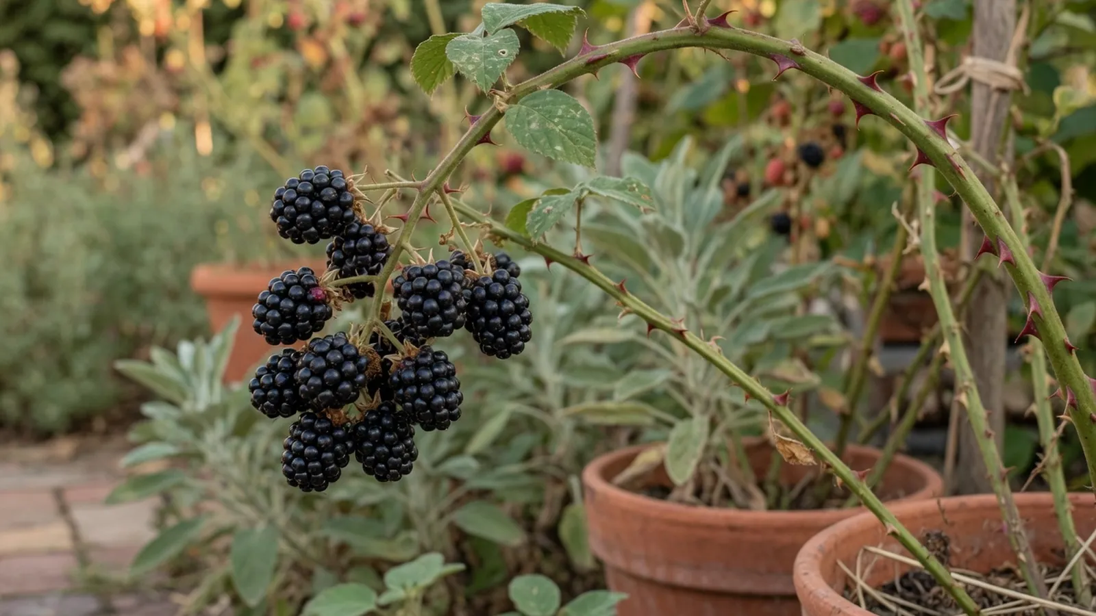 A close-up of a ripe blackberry cluster on a thorny cane.