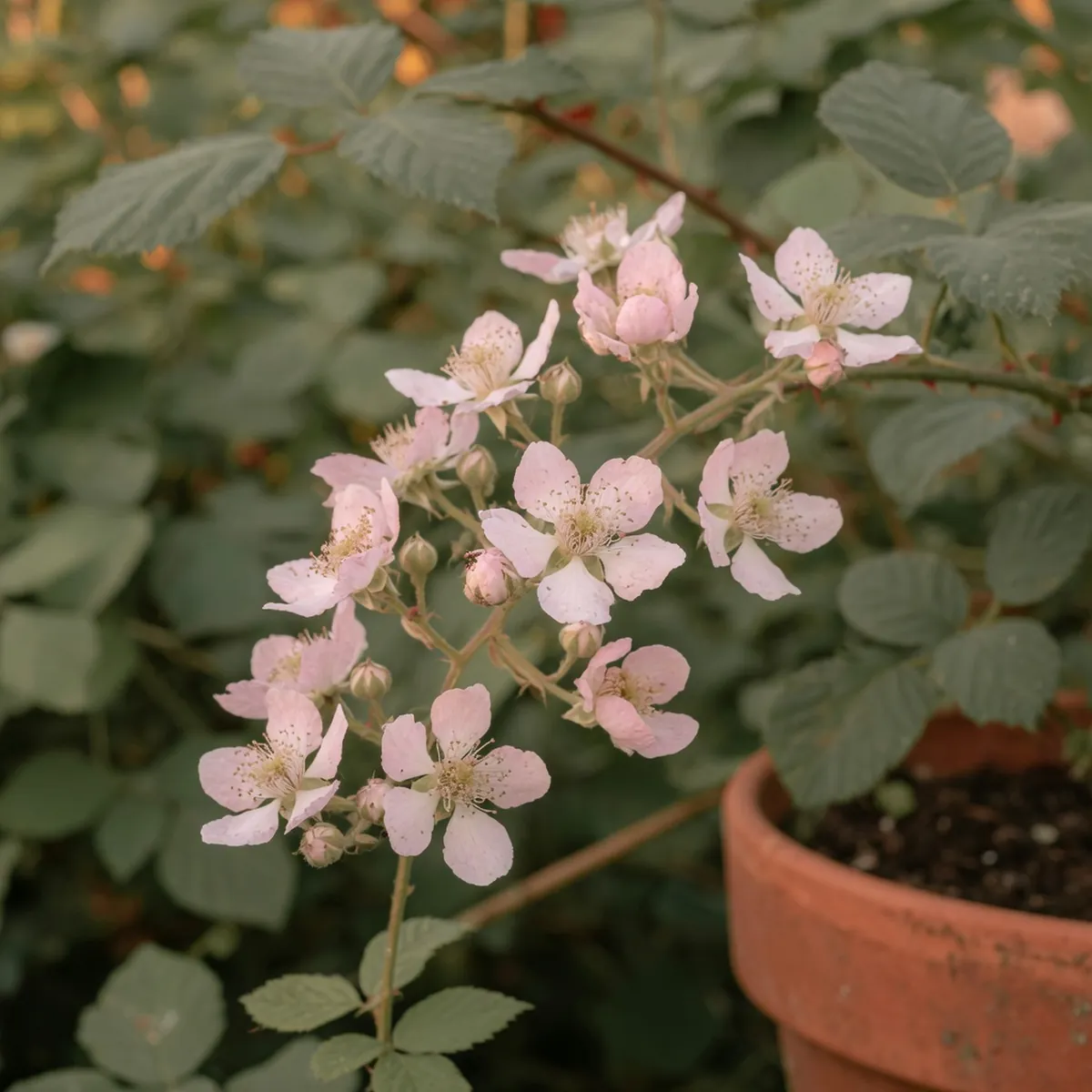 A cluster of light pink to white blackberry flowers with five oval petals each, arranged in a raceme.