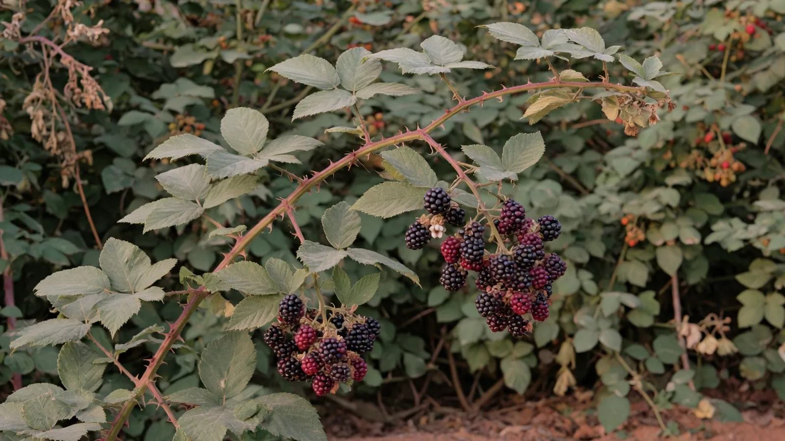 A mature blackberry bush displaying thorny green stems, palmately compound leaves, and clusters of ripe dark purple aggregate fruits.