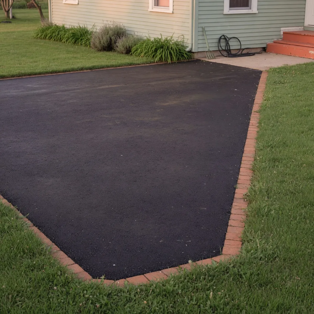 A close-up view of a newly paved black asphalt driveway surface with a residential lawn in the background.