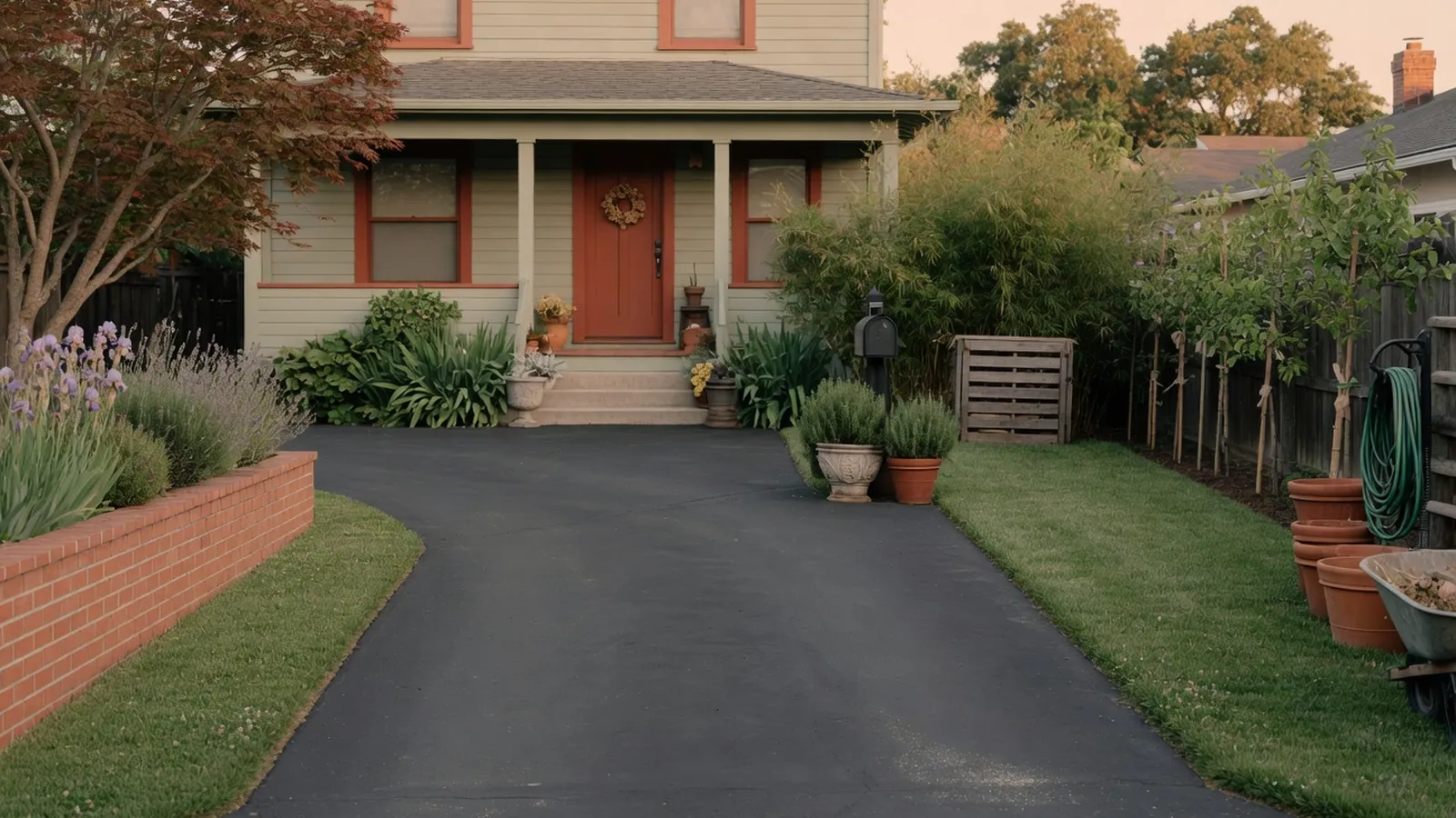 A newly paved black asphalt driveway extending toward a suburban house on a sunny day.