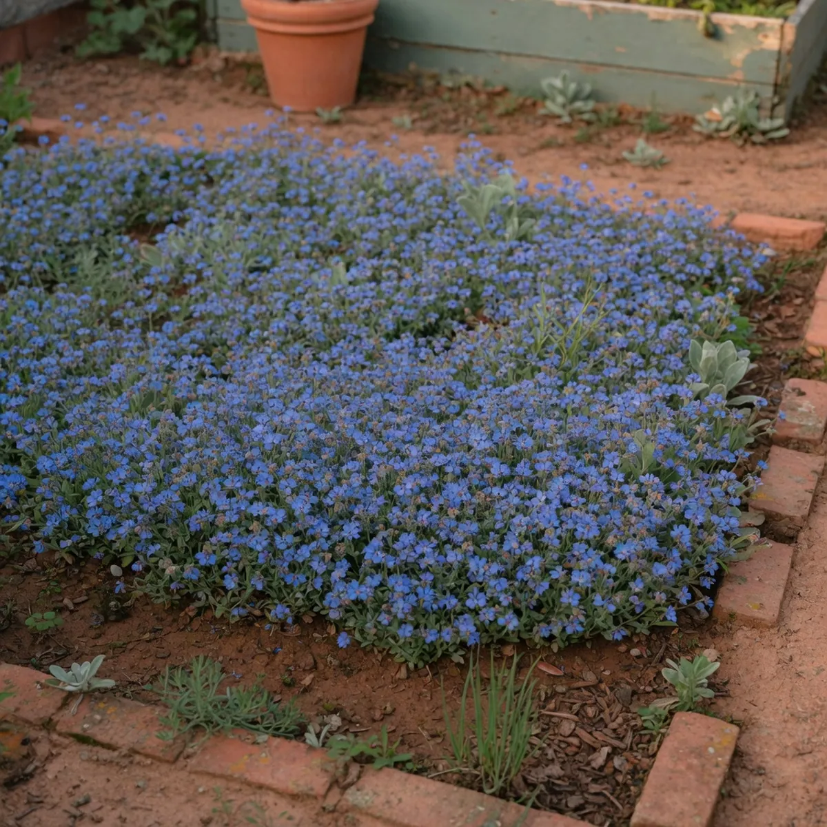 A dense carpet of low-growing blue flowers spreading across a garden bed.