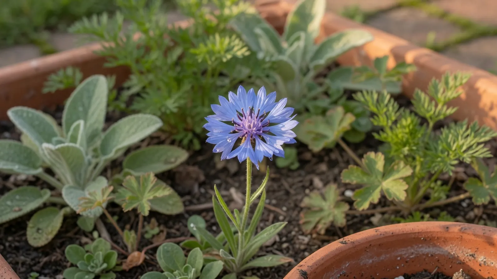 A close-up of a delicate blue flower blooming in a garden setting.