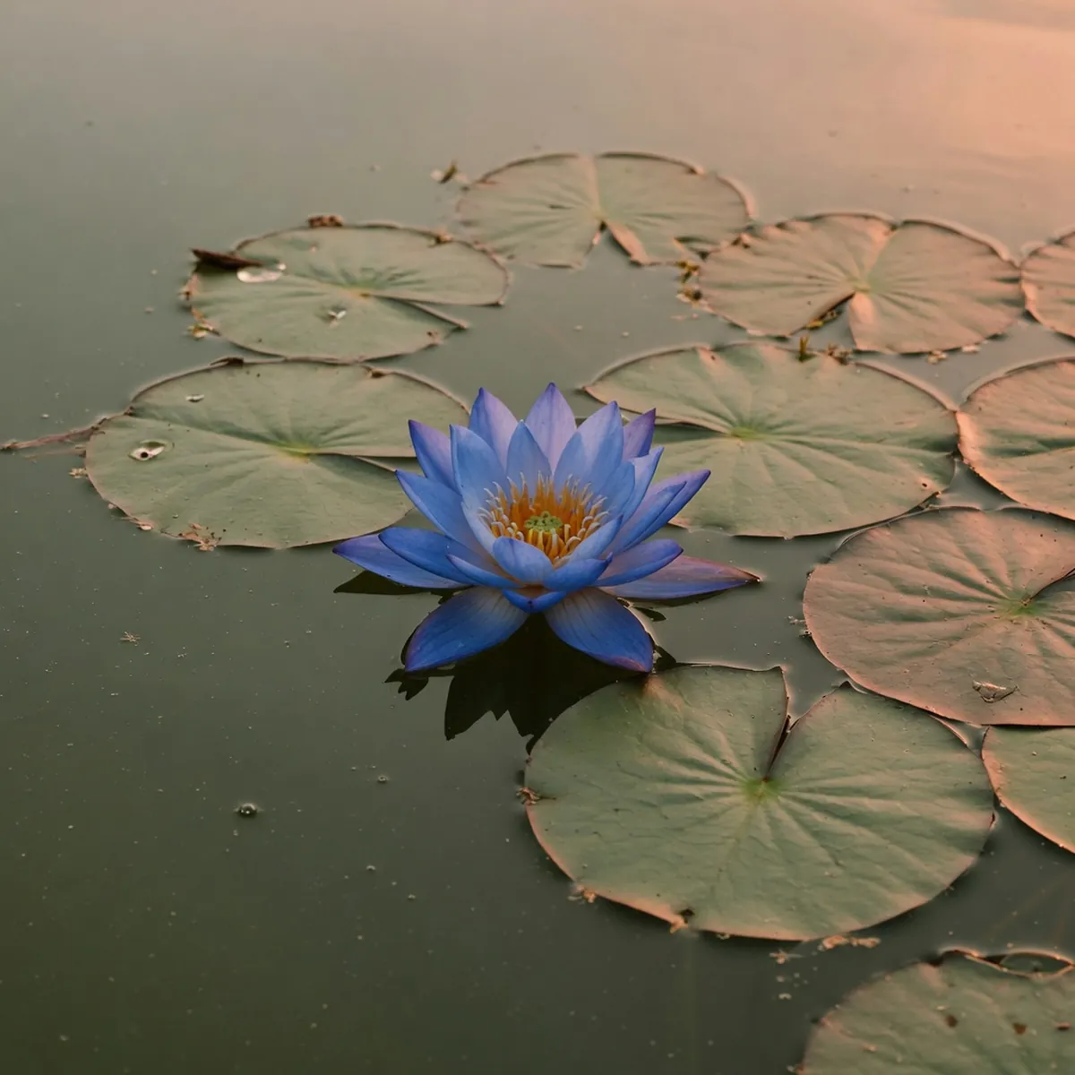 A single blue lotus flower floating on calm water among green lily pads.