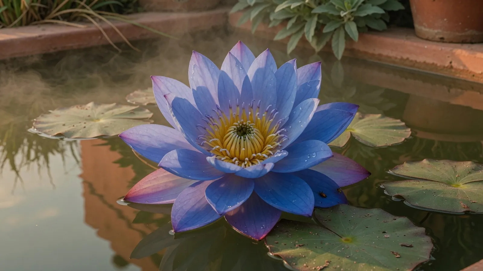 A fully opened blue lotus flower resting on still water.